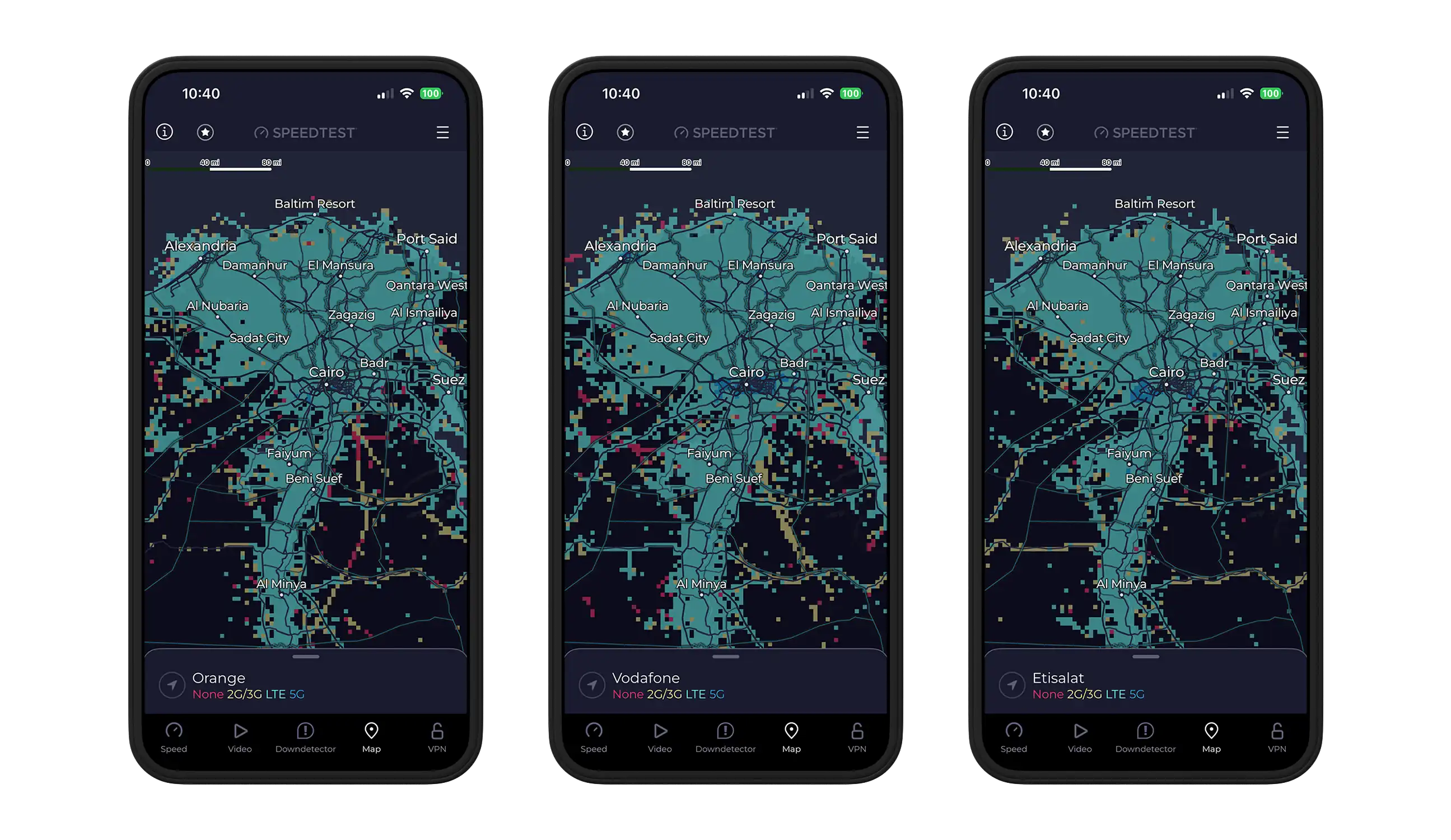 Speedtest Coverage Maps showing three different carriers over the same region.